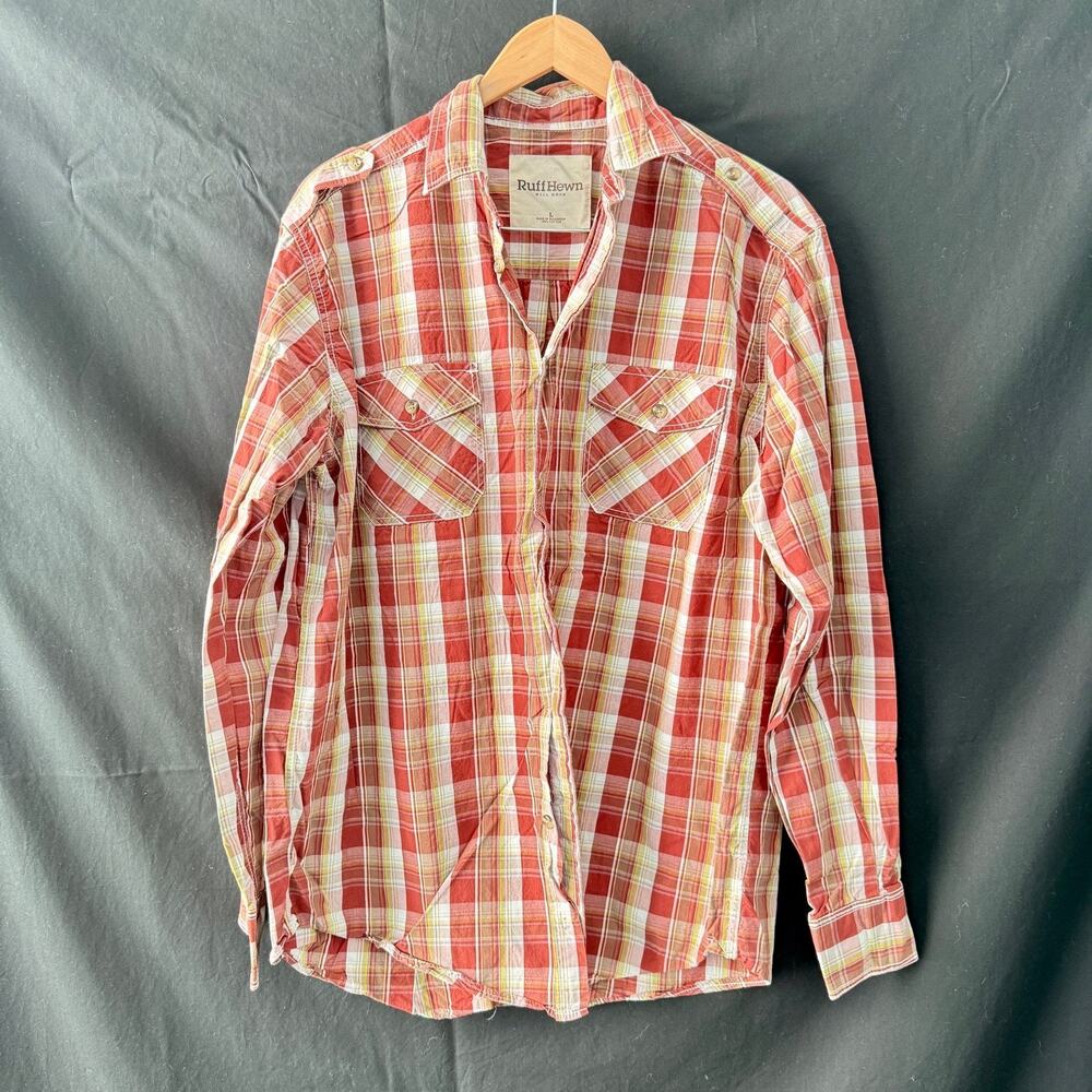 Ruff Hewn Well Worn Men's Large Plaid Button Down Shirt Red Cotton Epaulettes